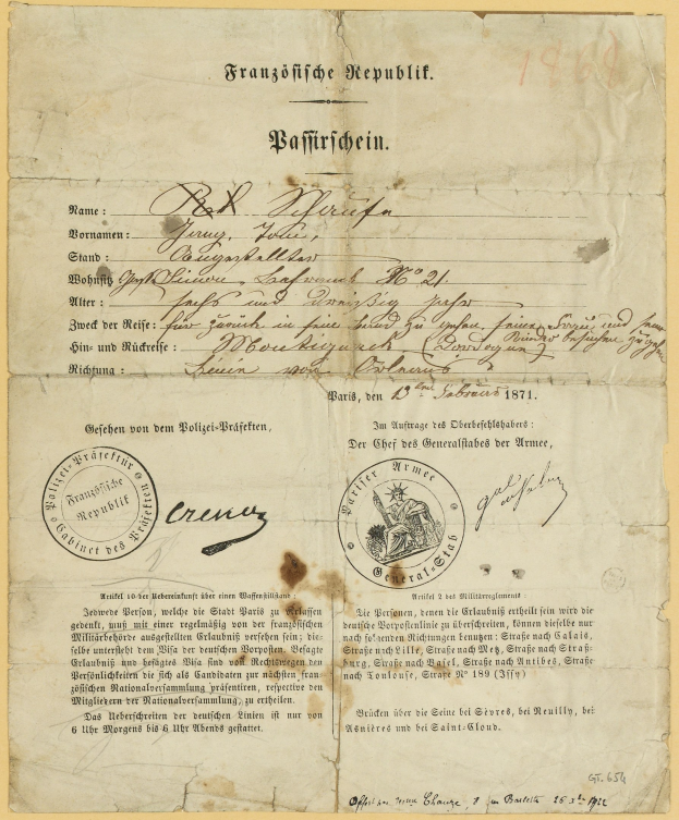Altes deutsches Regierungsdokument mit einem kreisförmigen, schwarz umrandeten Stempel auf vergilbtem Papier.