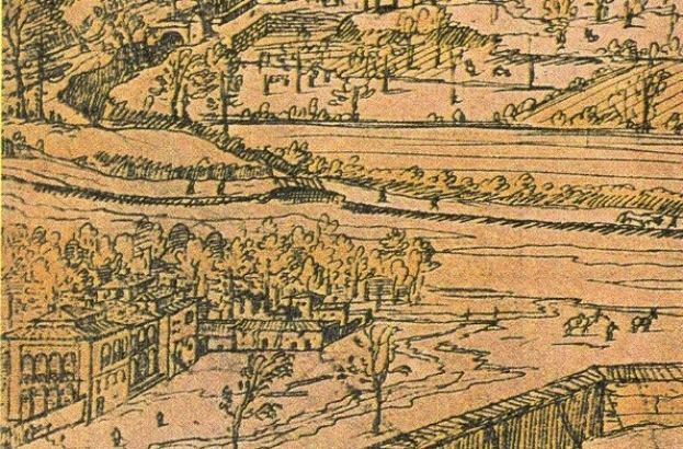 Ein detailliertes Stadtbild mit einer gewundenen Flusslandschaft, umgeben von üppigen grünen Bäumen und hohen Gebäuden, die eine friedliche Atmosphäre vermitteln.