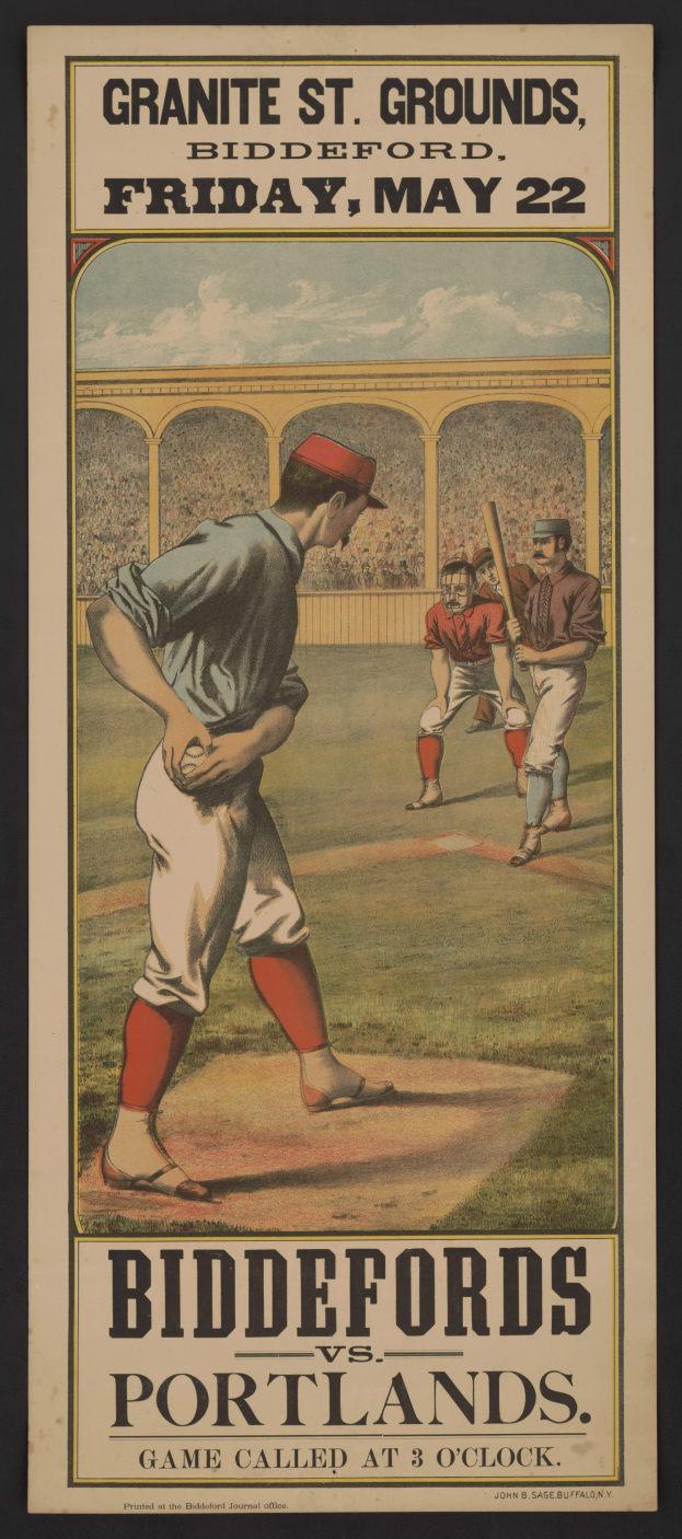 Plakat eines Baseballspiels zwischen Biddeford und Portland mit einem Mann in Baseballuniform und entschlossener Miene.