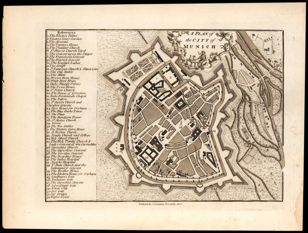 Ein altes Stadtplan von München, Deutschland, auf einem schwarzen Hintergrund, der Straßen, Gebäude und Sehenswürdigkeiten mit Texten zeigt.
