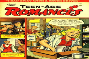 'Teen-Age Romances 23-A' - Ein leuchtendes DC-Comics-Plakat, das eine Gruppe von Menschen in einer romantischen Umarmung zeigt.