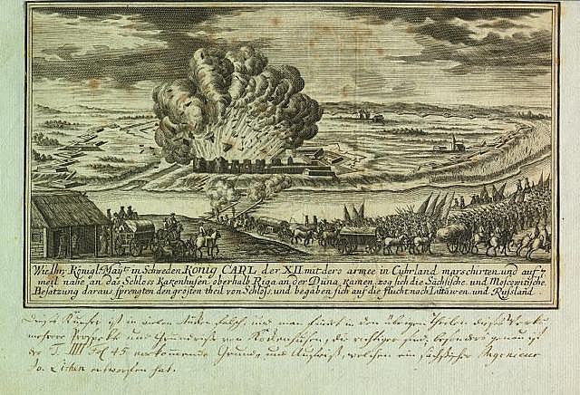 Eine Gravur aus dem 17. Jahrhundert, die eine Belagerungsszene zeigt, mit einer großen Explosion auf einem Feld, Menschen, Pferden, Wagen, Häusern und Rauch im Vordergrund und einem bewölkten Himmel im Hintergrund, mit Text am unteren Rand des Bildes.