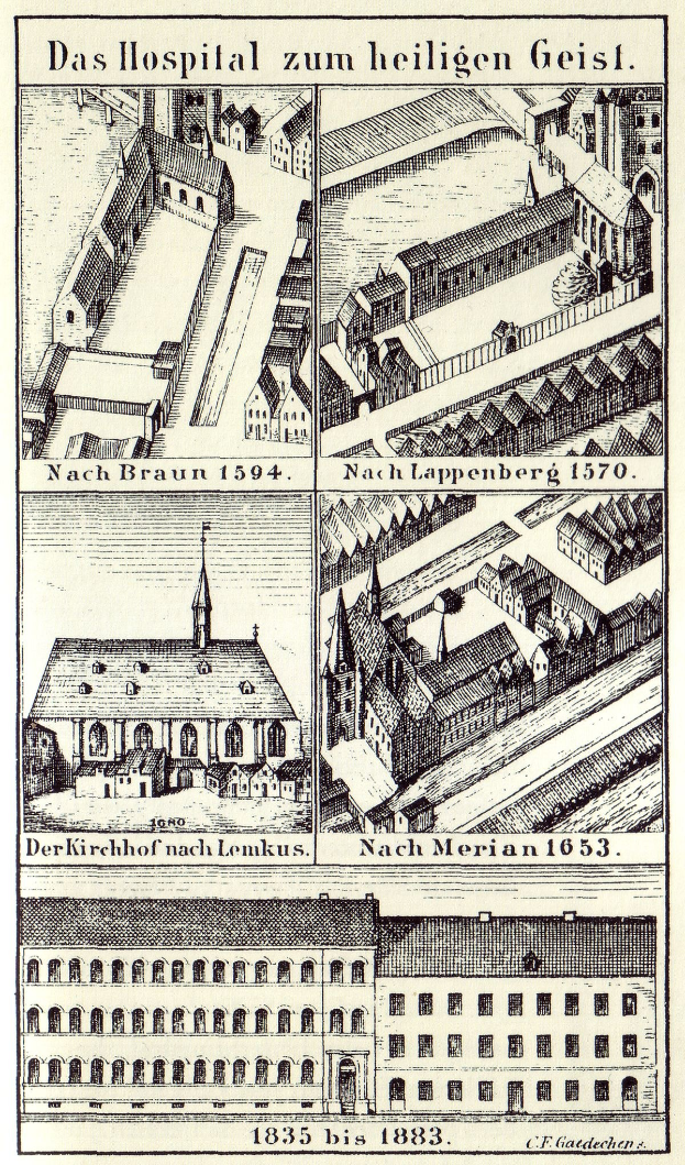 Detailgenauer Entwurf eines deutschen Krankenhauses auf einem Plakat, das Gebäude mit Fenstern, Türen und Balkonen zeigt, begleitet von erklärendem Text.