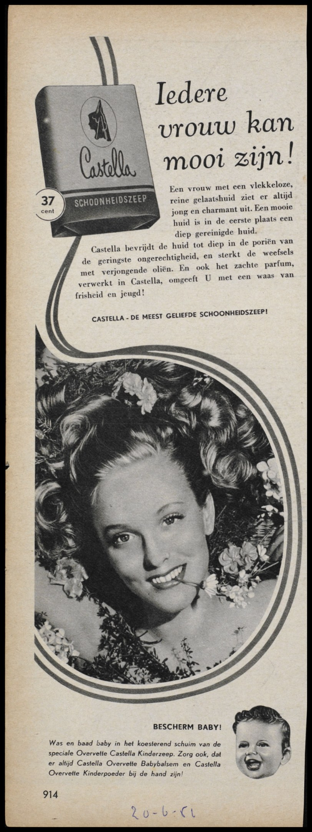 Werbeposter für Castella-Seife mit einer lächelnden Frau und Textbeschreibung des Produkts