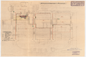 Schwarz-weißes Architekturzeichnung des Rosenhof-Krankenhauses in Hamburg, Deutschland, zeigt detaillierten Grundriss mit beschrifteten Räumen, Fluren und ausgedehnten Kabeln.