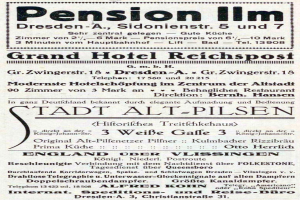 Schwarze und weiße Zeitungsanzeige für das Pensions-Inn in Dresden, Deutschland.