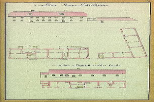Ein detailliertes Bild eines mehrfenstrigen Gebäudes mit einer Leiter, das als Schloss Schilbau-Gefängnis bezeichnet ist.