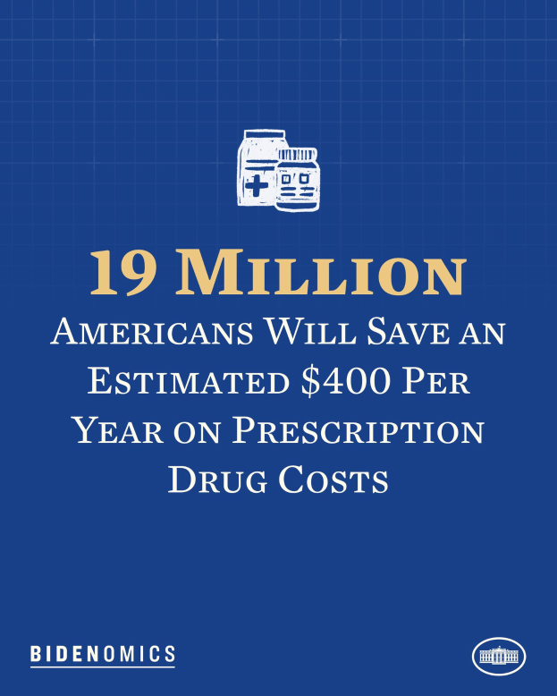 Ein blauer Hintergrund mit wei├čer Schrift und einem Logo, das '19 Millionen Amerikaner werden sch├Ątzungsweise 400 USD pro Jahr an Arzneikosten sparen' lautet.