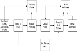 Flussdiagramm, das die Arten von medizinischen Kosten veranschaulicht, die mit Vorerkrankung, Gesundheit und Gesundheit verbunden sind, mit verbundenen und beschrifteten K├Âchen, die Schritte und Interaktionen zeigen.