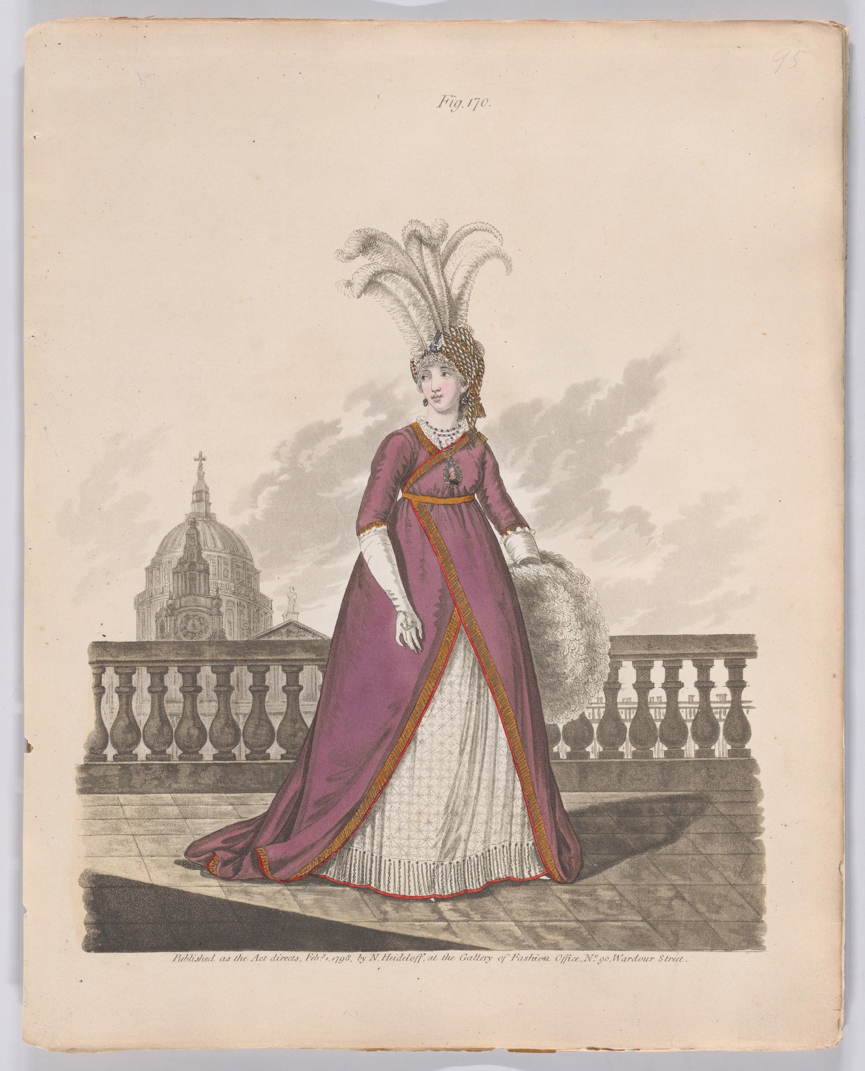 Frau in einem lila und weißen Kleid mit einer Federhaube, die an einem Geländer steht, mit einem Gebäude und Wolken im Hintergrund, beschriftet mit "Fashion of New York, New York Street, 1790."