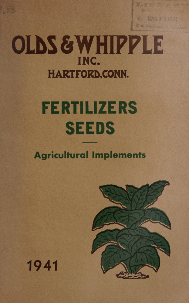 Altes Buchcover aus dem Jahr 1941 mit dem Titel "Fertilizers Seeds Agricultural Implements" mit einer Illustration eines grünen Pflanzen mit Blättern und Stielen.