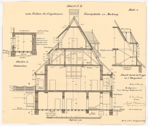 Ein detailliertes architektonisches Zeichnung eines Hauses mit zahlreichen Fenstern und einem Dach, das als erstes Haus in Deutschland bezeichnet wird, begleitet von strukturellen Plänen und Text auf Papier.