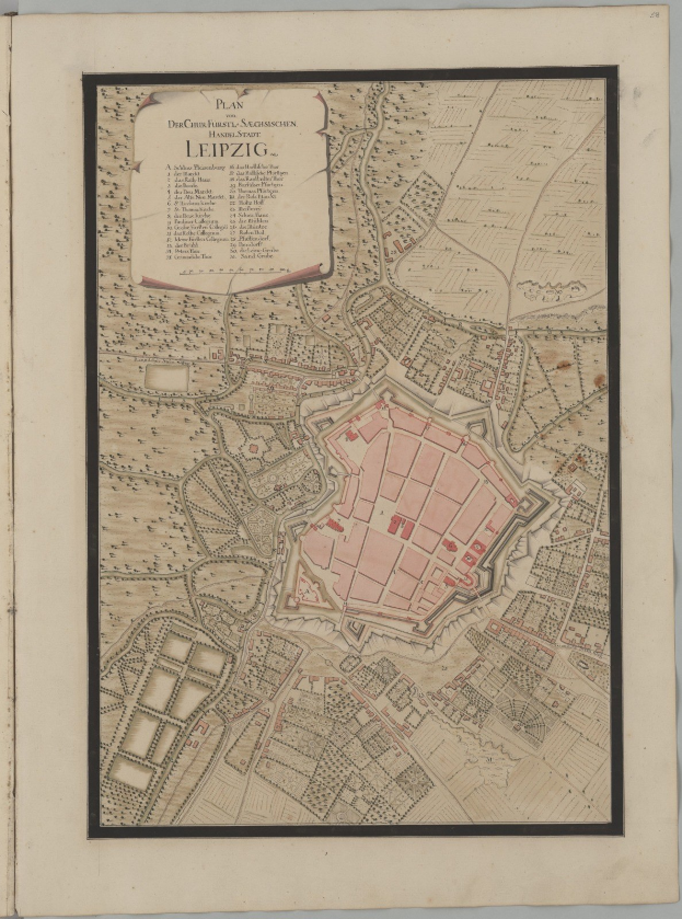 Ein detailliertes altes Buchseitenbild mit einer historischen Karte von Leipzig, Deutschland, mit sichtbaren Straßennamen, Gebäuden und Sehenswürdigkeiten.