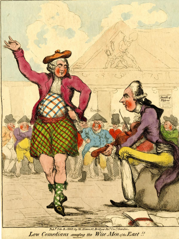Cartoon eines Mannes in einem Kilt und einer Frau in einem Kleid, die vor einer Menge stehen, mit einem Gebäude und Wolken im Hintergrund, und Text unten, der 'Niedrige Komiker amüsieren die weisen Männer des Ostens' liest.