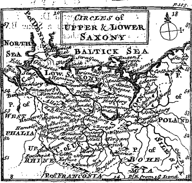 Schwarze und weiße Karte von Ober- und Niedersachsen, die geografische Merkmale wie Flüsse, Berge und Städte zeigt, mit zusätzlichen Textanzeigen.