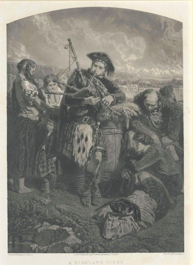 Schwarze und weiße Gravur eines Mannes, der eine Dudelsack spielt, mit einer Gruppe von Menschen und einem bewölkten Himmel im Hintergrund, mit der Beschriftung "Ein Highland-Pfeifer" unten.