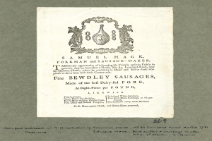 Papier mit gedrucktem Text und einer Illustration, die "Samuel Hack, Schweinefleischmann und Wursthersteller, Feine Bewdley Würste" lautet.