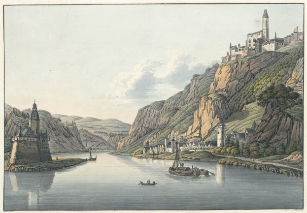 Gemälde eines Flusses mit Booten, umgeben von Hügeln, Bäumen, Gebäuden und einem bewölkten Himmel, mit Text am unteren Rand, der 'Schloss Karlsruhe in Deutschland' lautet.