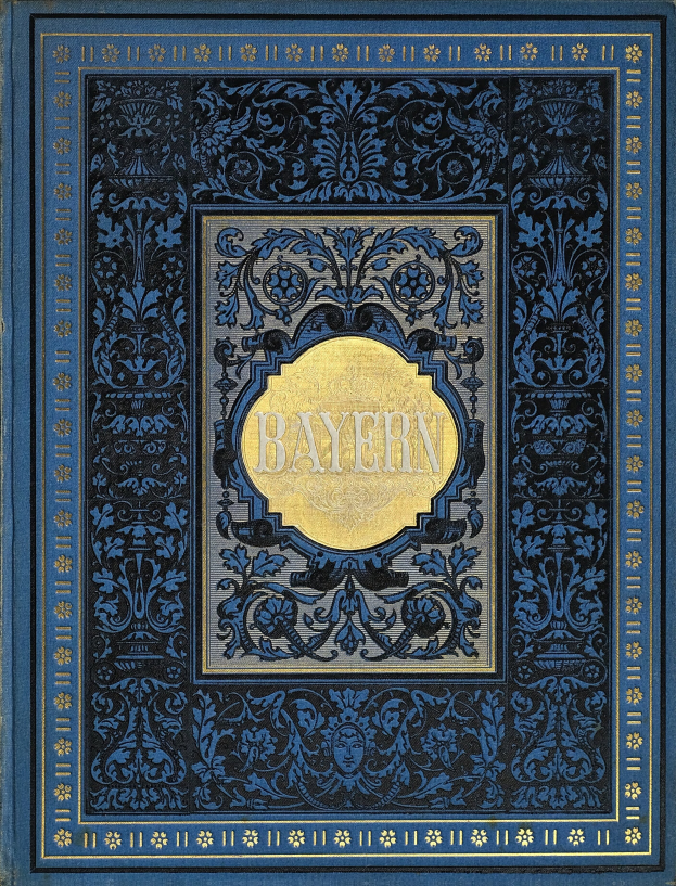 Ein blau-goldenes Buch mit der Aufschrift 'Bayern' auf dem Cover, das mit detaillierten Designs verziert ist.