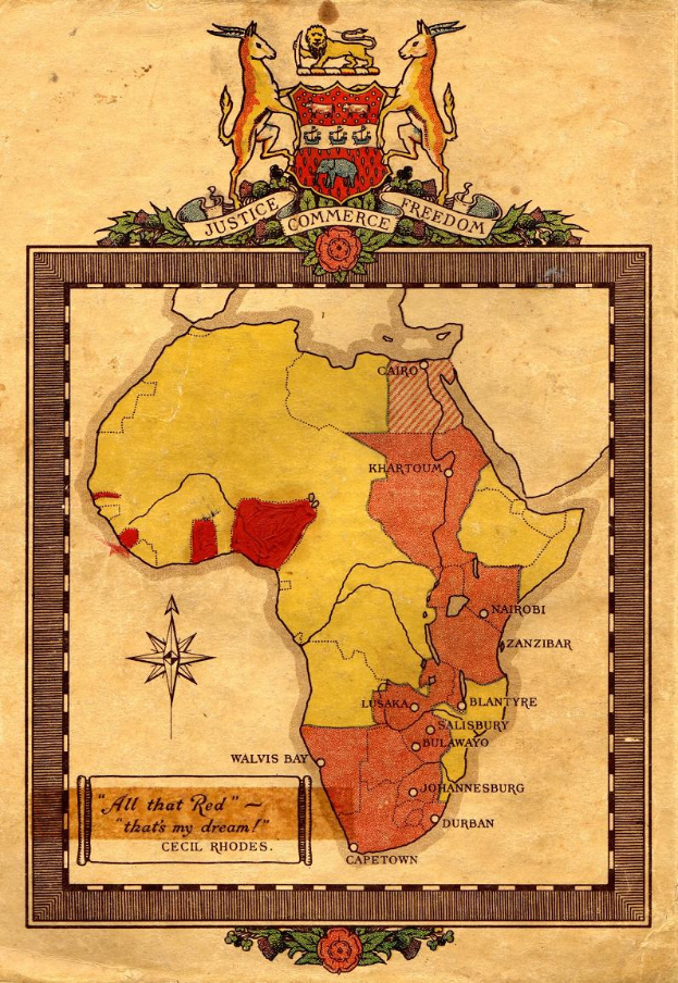 Ein detaillierter Afrika-Karte mit einem Wappen, der Länder, Regionen und Texte zeigt, die Informationen über Länder und ihre Hauptstädte enthalten.