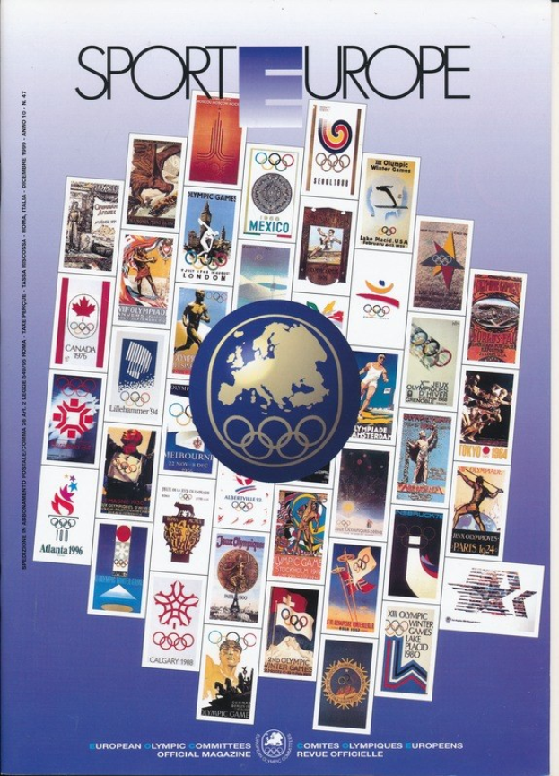 Ein Buchumschlag mit dem Titel "Sport in Europa", der farbenfrohe olympische Motive, Texte und Symbole aus europäischen Spielen zeigt.