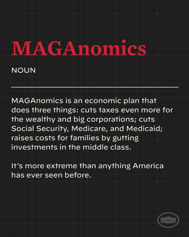 Plakat mit fettem schwarzem Text auf einem weißen Hintergrund, das in einem schmalen schwarzen Rahmen steht und "Maganomics: Ein Wirtschaftsplan, der drei Dinge tut - Steuern weiter für Wohlhabende und große Unternehmen senken." besagt.