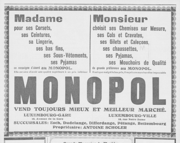 Schwarze und weiße Zeitungsanzeige für das Monopoly Brettspiel mit Text, der seine Merkmale beschreibt.