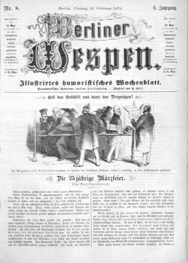 Altes deutsches Zeitungsblatt "Berliner Wespen" vom 21. Februar 1873, das eine Gruppe von Menschen in traditioneller deutscher Kleidung zeigt, die sich unterhalten, mit deutscher Text, der das Ereignis wahrscheinlich beschreibt.