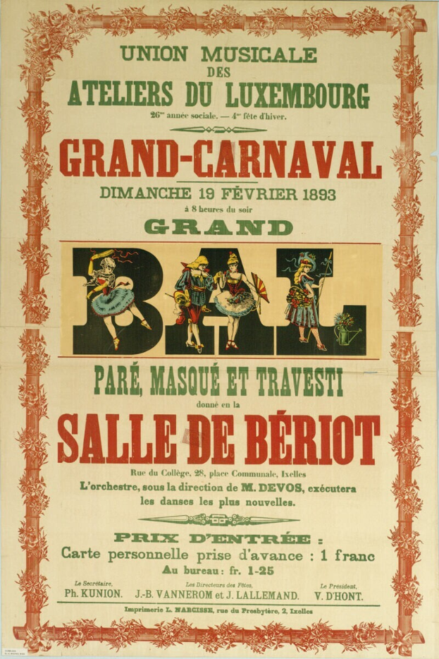 Ein altes Plakat, das ein großes Karnevalsfest in Paris ankündigt und eine farbenfrohe Illustration von lachenden Menschen in traditioneller Kleidung auf einem hellgelben Hintergrund mit einer Schriftzeile zeigt, die 'Großes Karnevalsfest' lautet.