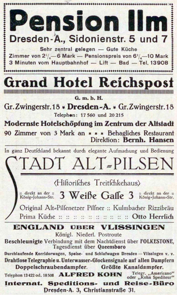 Schwarz-weiß-Anzeige für Pension Inn in Dresden, Deutschland, gedruckt im Stil einer alten Zeitung.