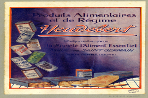 Plakat mit der Aufschrift "Heidelberg - Produkte für Ernährung und Diät Heidelberg" mit verschiedenen Lebensmitteln, darunter Kartons und andere Gegenstände.