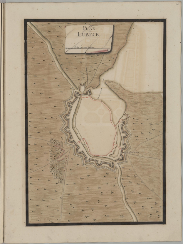 Eine detaillierte Karte von Lübeck, Deutschland, auf dem Umschlag eines alten Buches gedruckt, die Straßen, Gebäude und Sehenswürdigkeiten zeigt, begleitet von Texten über die Geschichte und Kultur der Stadt.