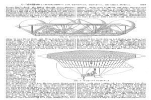 Ein altes Buch mit einer Zeichnung eines 19. Jahrhundert-Luftschiffs mit begleitendem Text.
