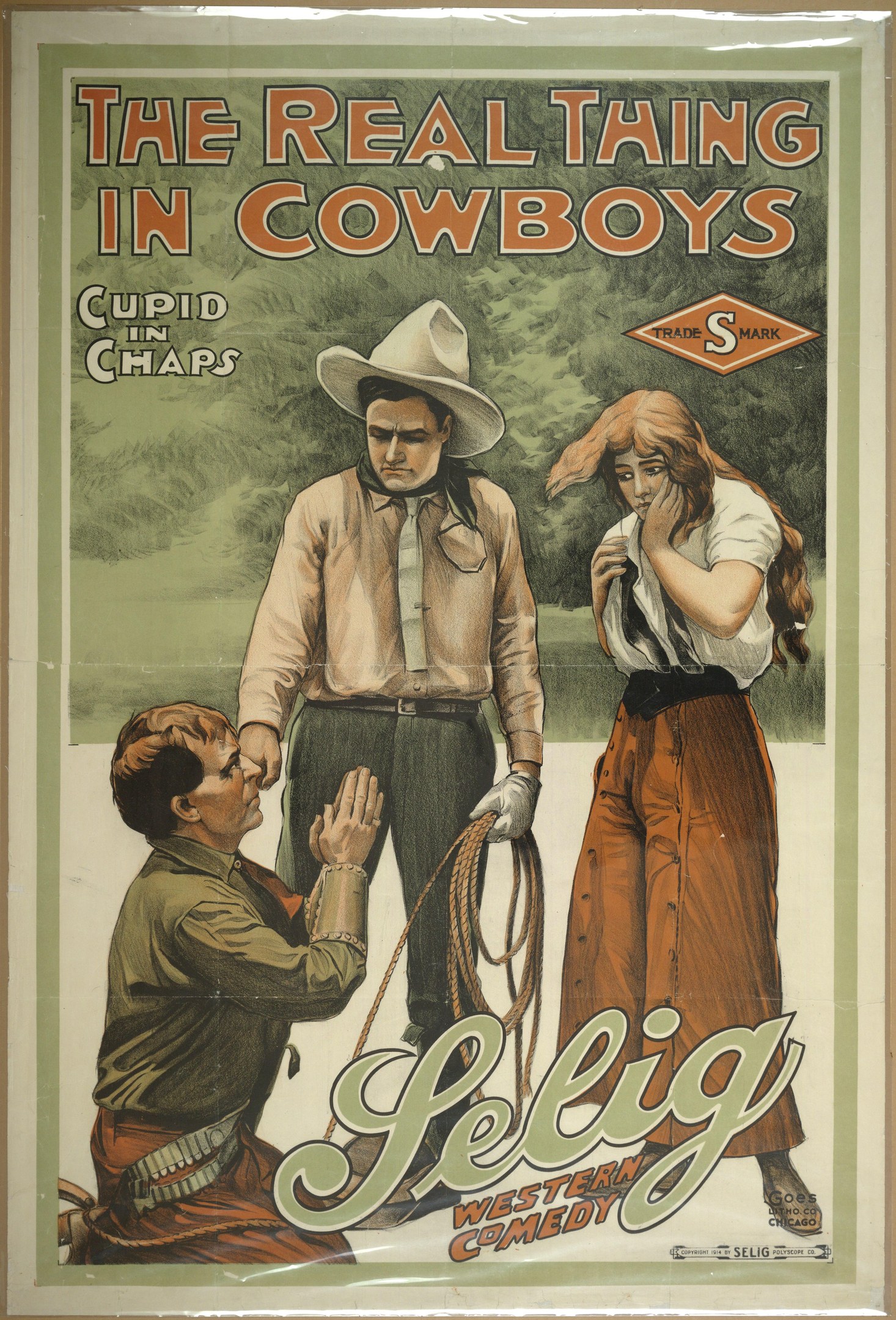 Plakat an einer Wand mit drei Personen in Cowboy-Kleidung und "The Real Thing in Cowboys" in fetter Schrift darüber, vor einem hellgelben Hintergrund.