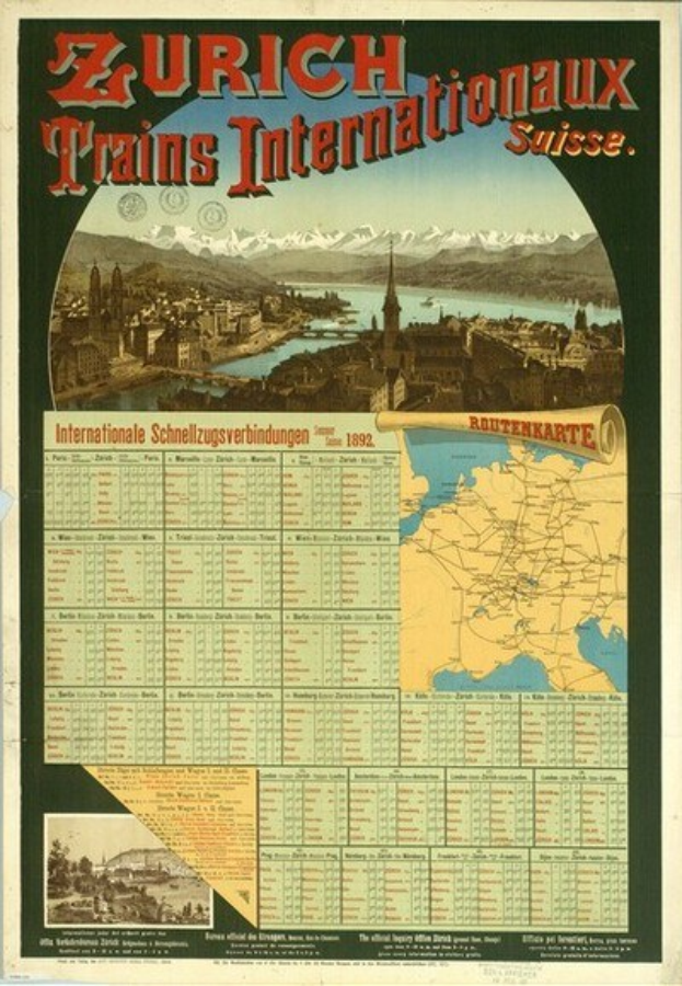 Alter Plakatwerbung für Züricher Trains Internationalaux in der Schweiz, mit einer Stadtkarte, Gebäuden, Wasser und Bergen im Hintergrund und Text darauf.
