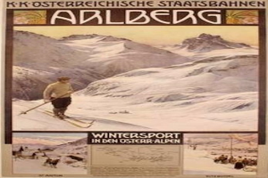 Plakat für einen Wintersport in den österreichischen Alpen, das einen Skifahrer umgeben von Bildern von Menschen und Bergen mit Text zeigt.
