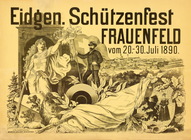 Plakat für das Eidgen Schützenfest in Frauenfeld, Deutschland, das einen Mann in einem Anzug und eine Frau in einem Kleid zeigt, die nebeneinander stehen, sowie Textdetails zum Event.