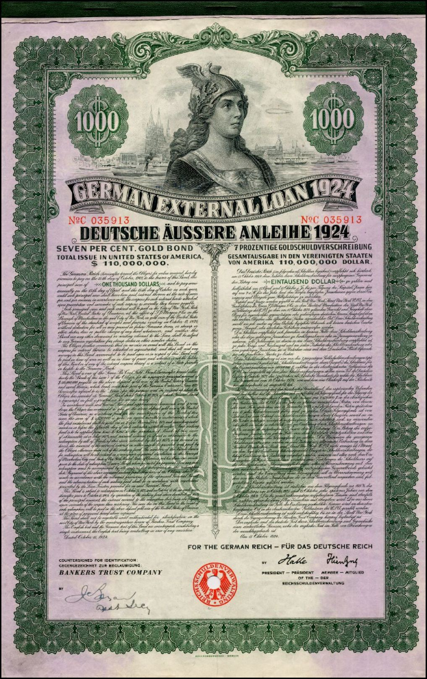 Deutsches Auslandsschuldschein-Zertifikat von 1924 mit Abbildung einer Frau, bedrucktem Text und numerischer Benennung.