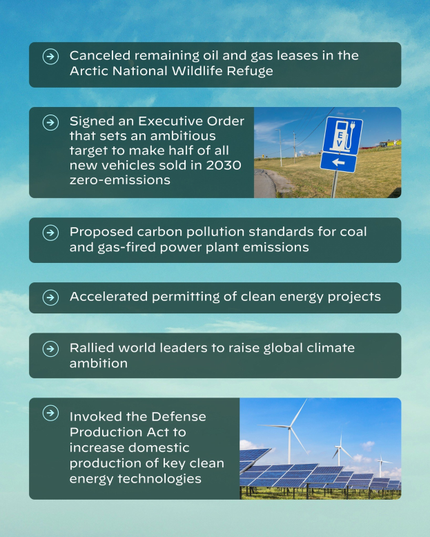 Plakat mit Text "Abgesagt Verbleibende Öl- und Gasförderlizenzen im Arctic National Wildlife Refuge" mit Bildern von Solarpanelen und Windrädern vor einem bewölkten Himmel.