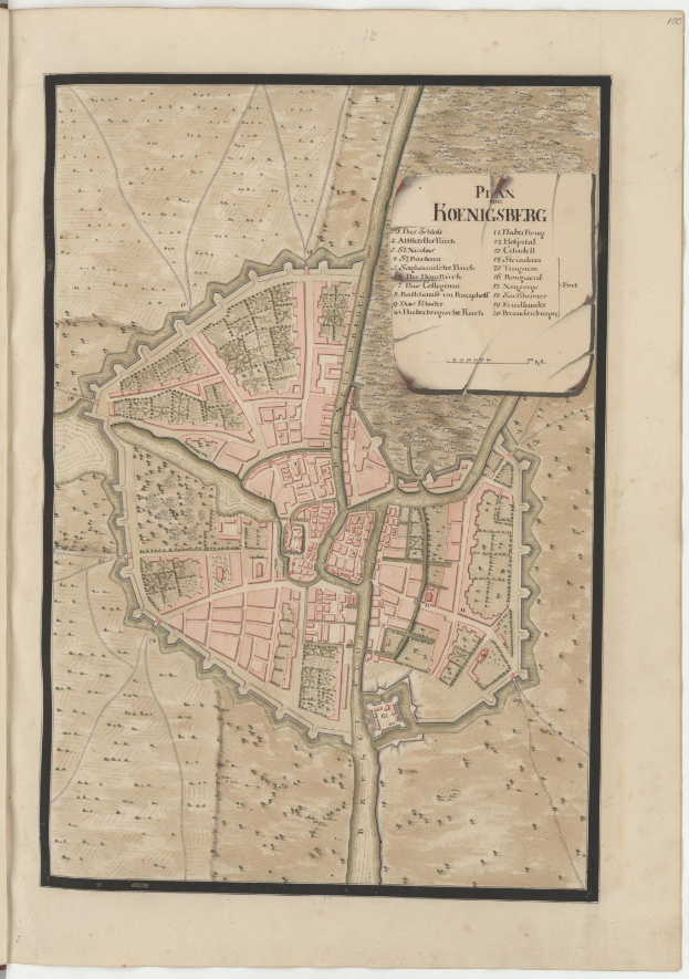 Ein detaillierter alter Stadtplan von Hohensberg, Deutschland, aus einem alten Buch, der Straßen, Gebäude und Sehenswürdigkeiten zeigt, ergänzt durch Text über die Stadt.