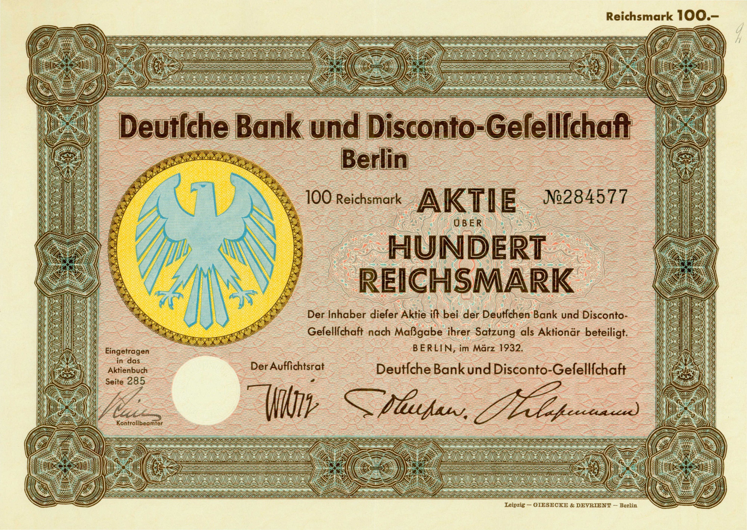 Altes deutsches Banknoten mit einem Vogel-Design und der Aufschrift "Deutsche Bank und Disconto-Gesellschaft Berlin".