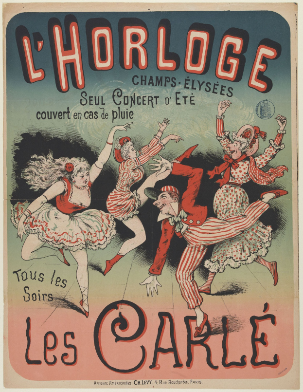 Ein farbenfrohes Konzertplakat für ein Event im Chorlage in Paris, das eine Gruppe von Menschen in bunten Kostümen mit strahlenden Gesichtern beim Tanzen zeigt, vor einem kräftigen gelben Hintergrund mit umgebendem Text.