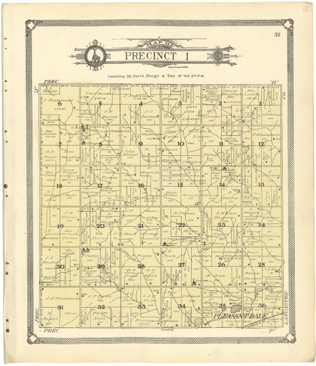 Alte Karte von Precinct, Iowa, zeigt Straßen, Parks und Sehenswürdigkeiten mit Text oben und unten.