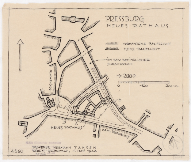 Ein detaillierter historischer Stadtplan von Pressburg, Deutschland, gezeichnet auf Papier, zeigt Straßen, Gebäude und Sehenswürdigkeiten mit begleitendem Text.