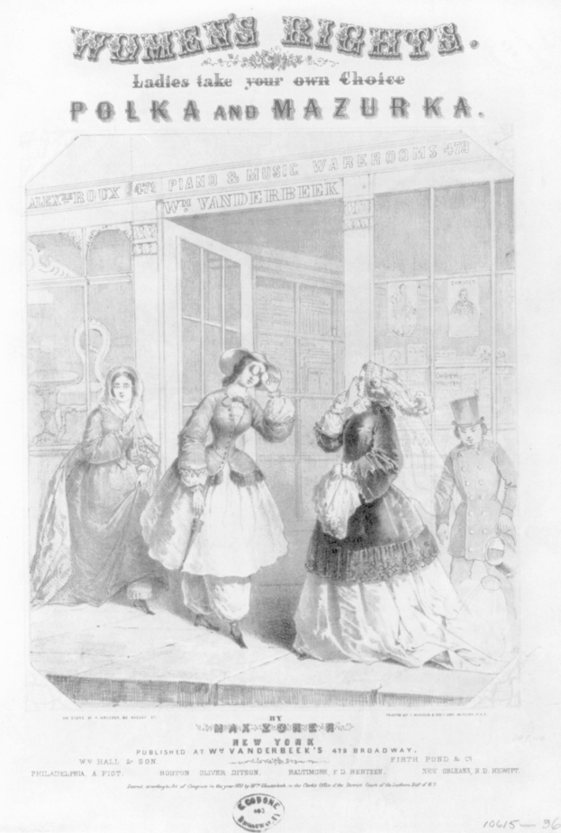 Schwarz-weiß-Illustration von drei Frauen vor einem Gebäude mit der Aufschrift "Frauenrechte: Ladies Take Your Own Choice, Polka und Mazurka" darüber und darunter.