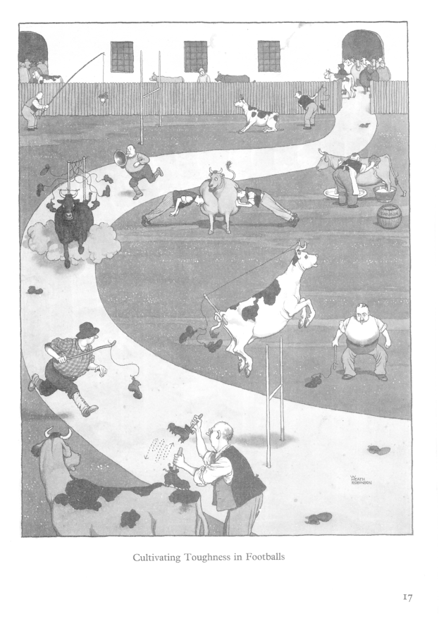 Schwarze und weiße Zeichnung von Menschen und Tieren in einem Feld mit einer Wand und Fenstern im Hintergrund, mit dem Text "Züchtung von Robustheit im Füßball" unten.