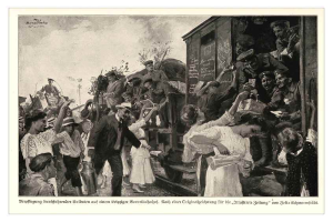 Ein Schwarz-Weiß-Foto einer Gruppe von Menschen, die vor einem Zug stehen, einige halten Gegenstände, vor Bäumen und Himmel, mit Text unten: "P.K. Schneiderstatt, 1874-1914 - Deutsch - Deutscher Bürgerkrieg".