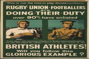 Plakat mit zwei Rugbyspielern in Uniform, mit Text, der über 90% der britischen Athleten in Dienst zeigt.