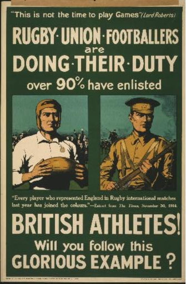 Plakat mit zwei Rugbyspielern in Uniform, mit Text, der über 90% der britischen Athleten in Dienst zeigt.