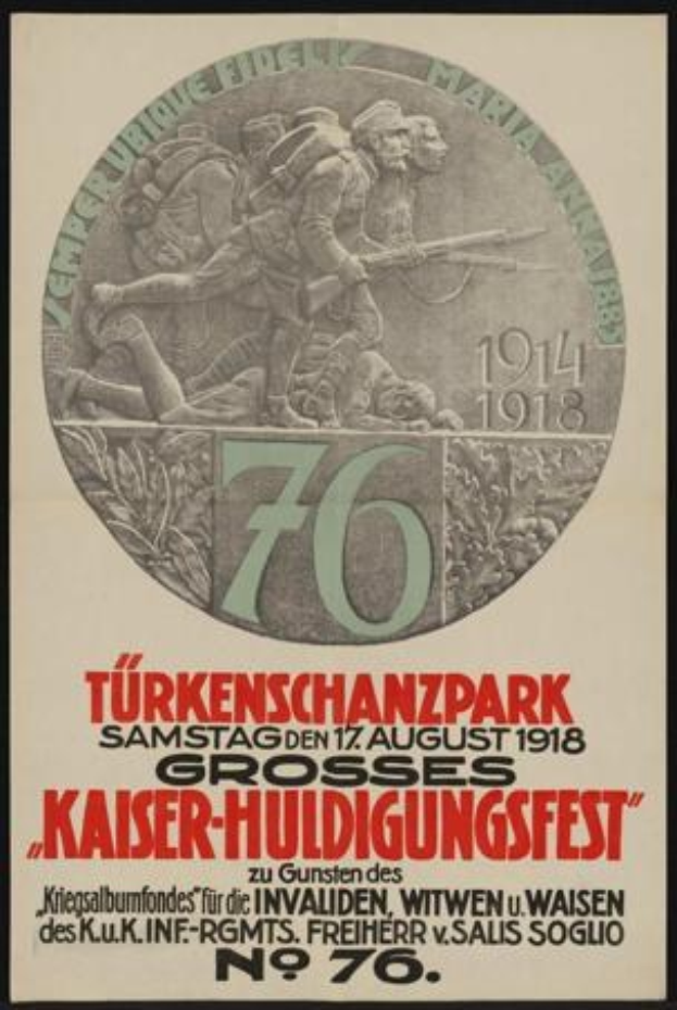 Plakat zum 70. Jubiläum des Kaiser-Huldigungsfestes in Berlin, Deutschland, mit einer Gruppe von Menschen, die von Text und Zahlen umgeben sind und in einem klassischen Photo-Frame eingefasst sind.